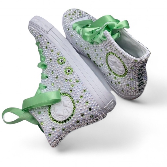 Peridot Green Crystal Diamond & Pearls High Top Converse Sizes 5-14 New - Picture 4 of 15